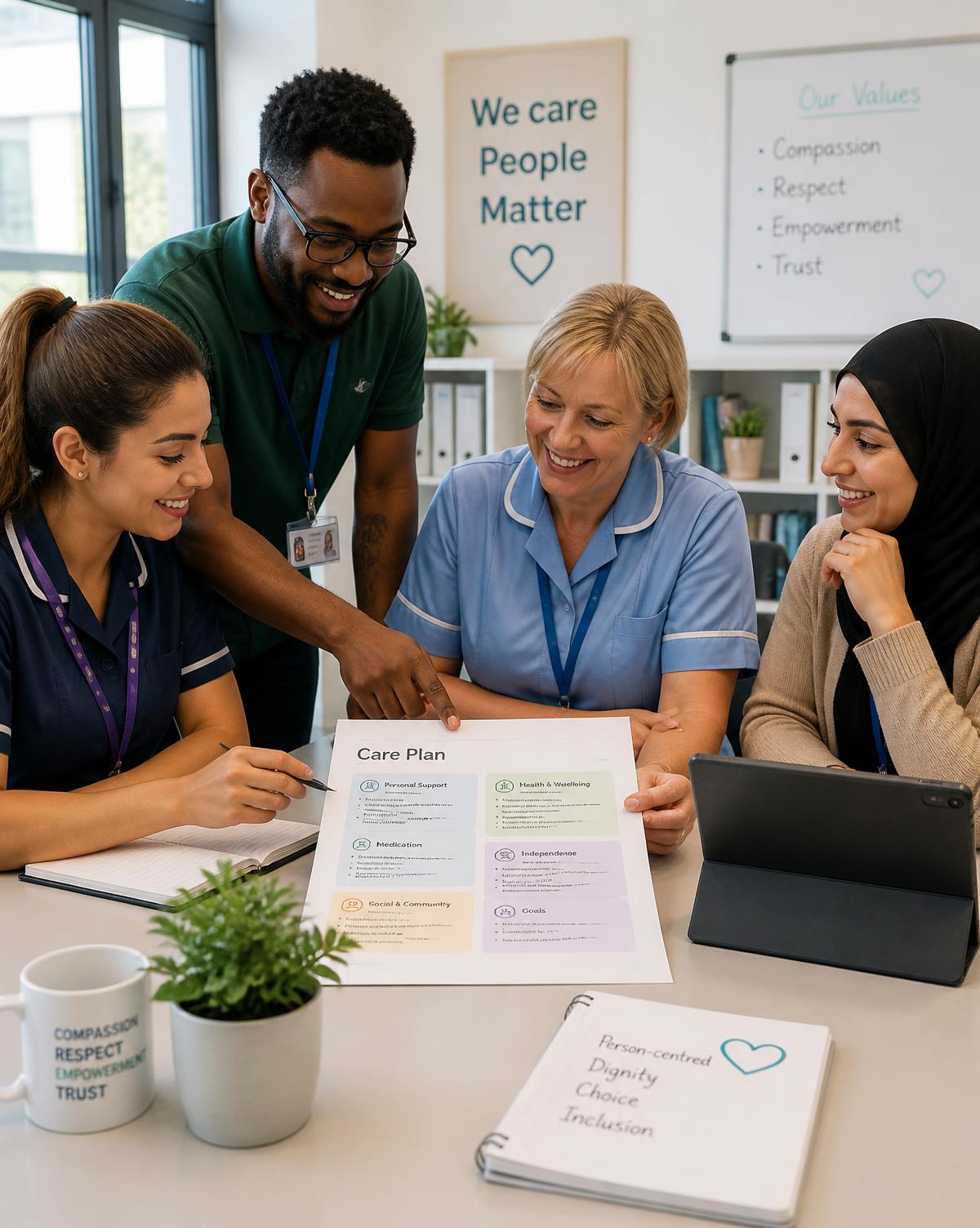 A team of professional care workers collaborating in a bright modern office
