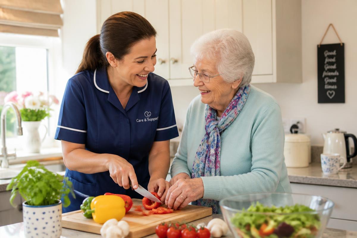 A professional carer helping an elderly client with daily activities in a bright home kitchen